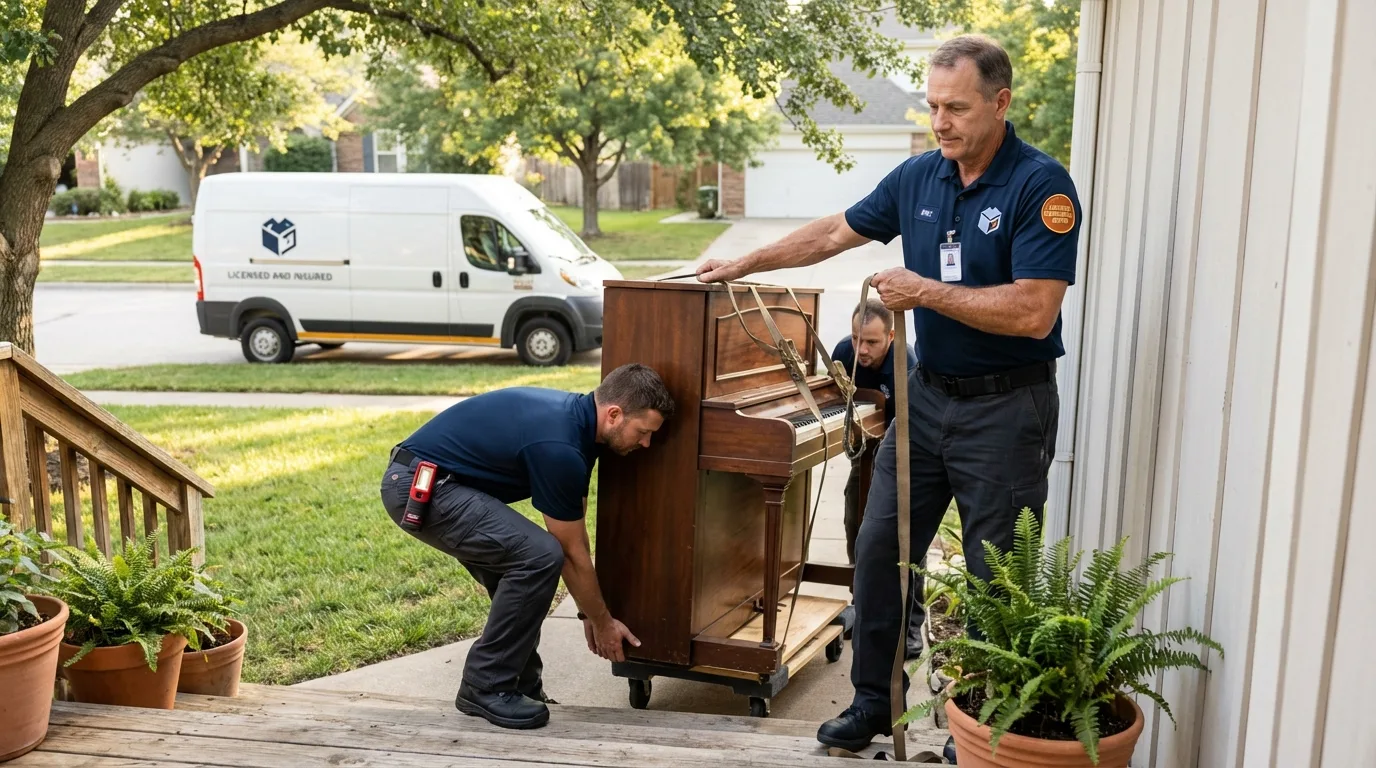 Licensed piano movers securing grand piano in Coupeville, WA