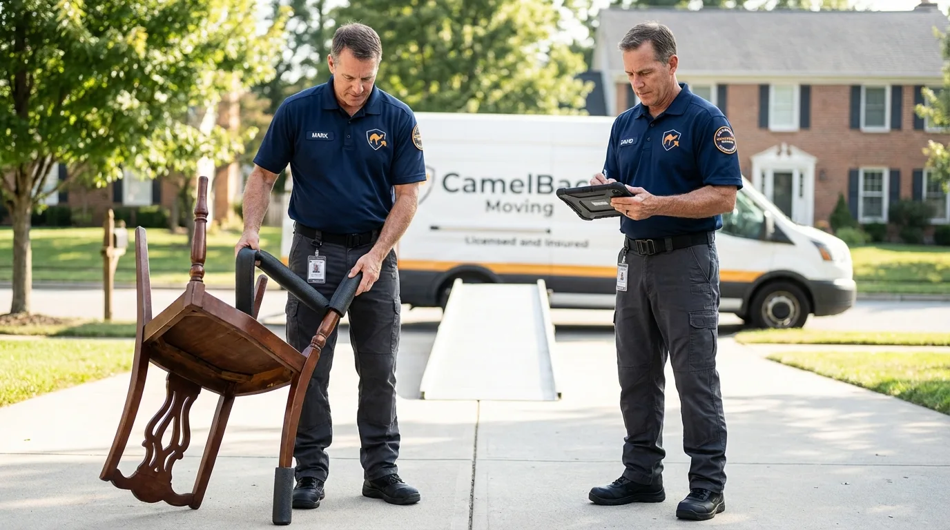 Movers inspecting furniture for damage prevention before loading in Coupeville, WA