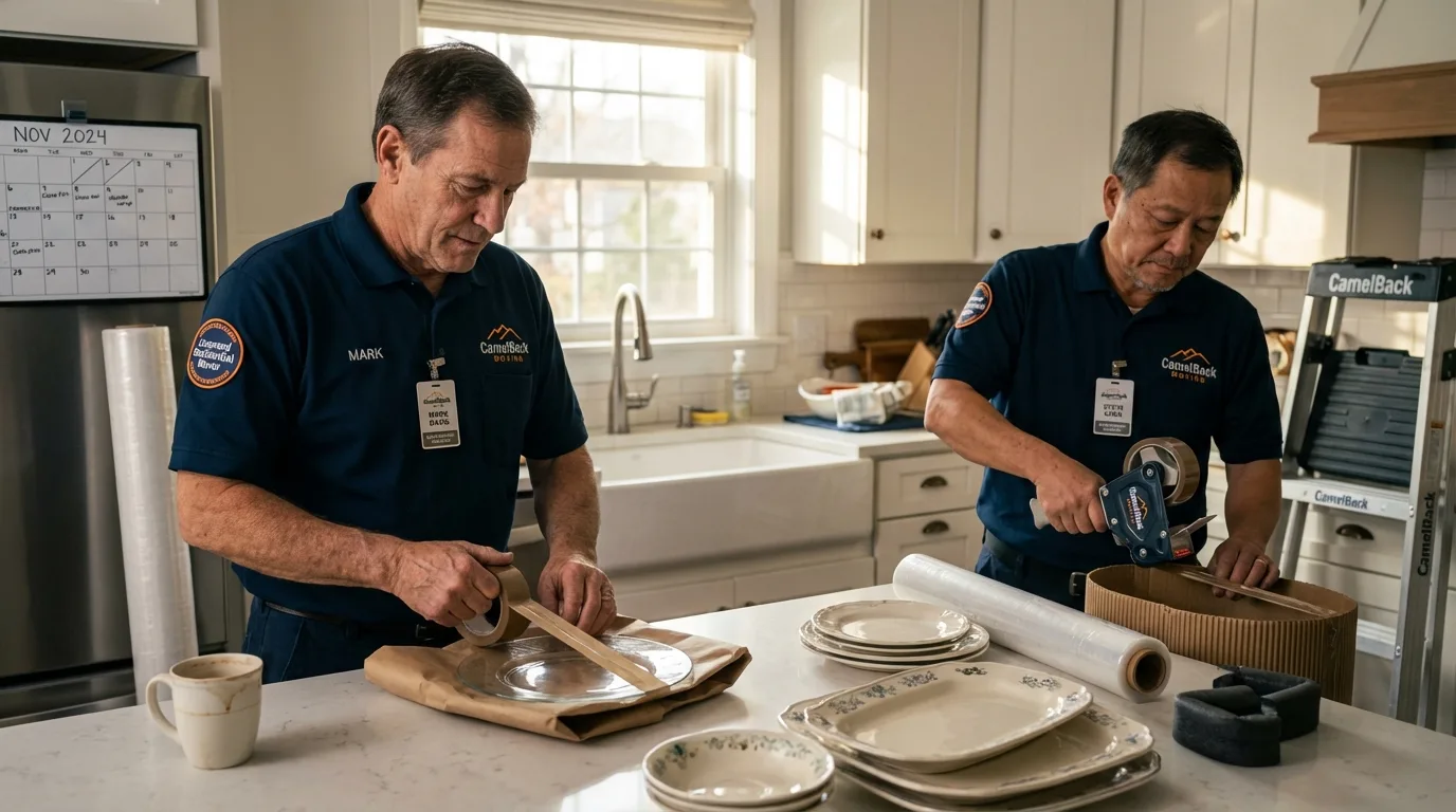 Professional crew packing kitchen dishware in Coupeville, WA